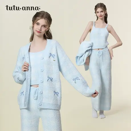 tutuanna秋冬女士半边绒睡衣 蝴蝶刺绣加绒加厚保暖三件套家居服商品大图