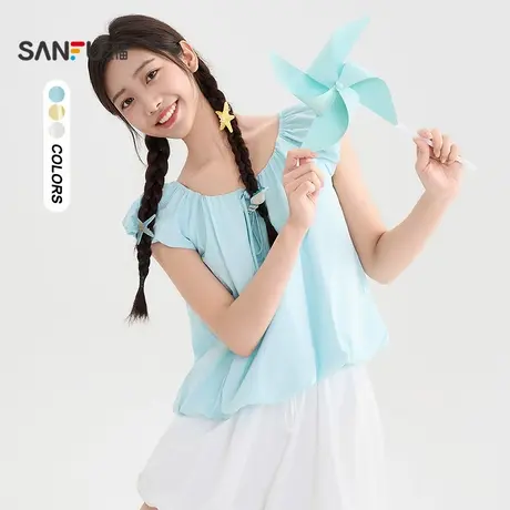 三福短衬衫2025夏季时尚绑带圆领露背兜摆短款上衣女装503871图片
