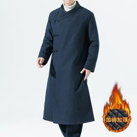 冬季棉衣男中国风盘扣斜襟唐装棉袄长款加厚保暖大衣棉麻夹棉长袍图片