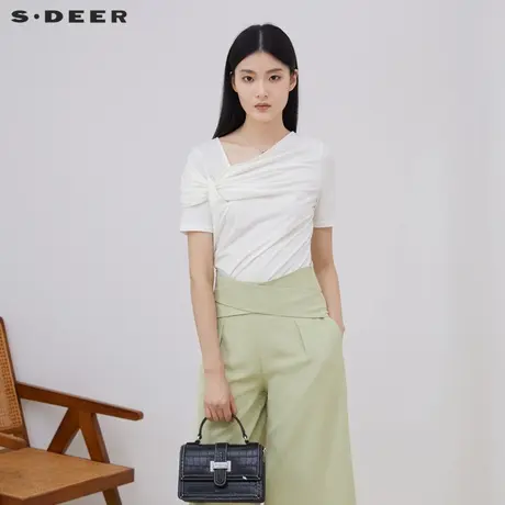 S·DEER圣迪奥V领堆堆领不规则打底短袖T恤S23260120商品大图
