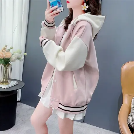 学院风拼色连帽棒球服卫衣女早秋2024年新款宽松休闲少女外套上衣商品大图
