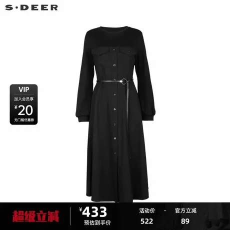 sdeer圣迪奥女装复古圆领收腰拼接长袖连衣裙S243Z12A7图片