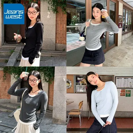 KV真维斯灰色假两件打底衫女2025新款春秋款内搭小个子设计感上衣商品大图