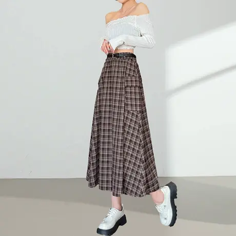 格子半身裙女2025春秋新款松紧高腰显瘦a字伞裙小个子中长款裙子图片