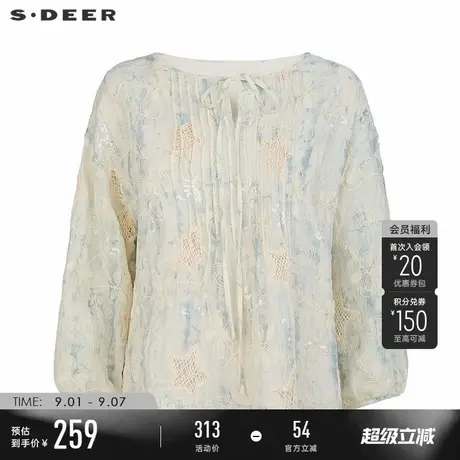 sdeer圣迪奥女装25年新品田园风系带圆领绣花长袖上衣S252Z3235图片