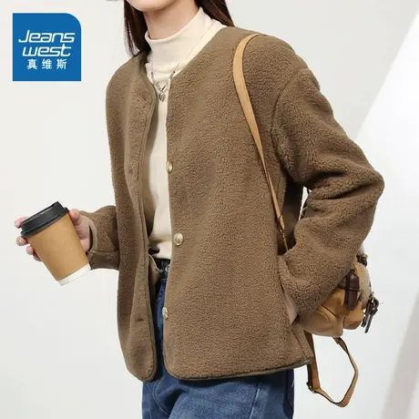 KHV真维斯咖色小香风摇粒绒外套女秋冬季小个子休闲短款韩系上衣商品大图