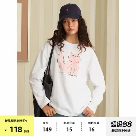 【9/08 0点新品9折】omont蛋挞家复古手绘小猫印花圆领宽松T恤秋商品大图