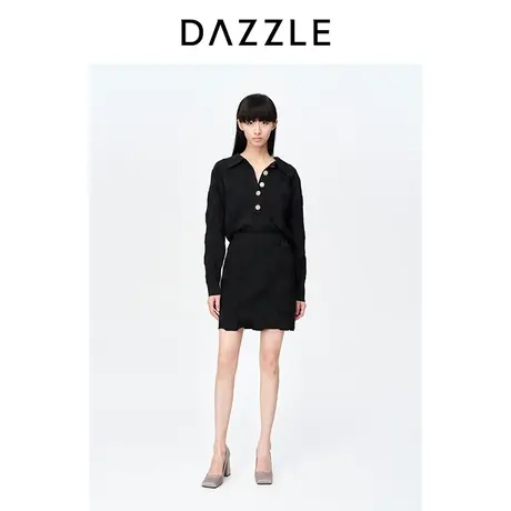 DAZZLE地素奥莱23春季新款简约通勤黑色polo领肌理感针织衫毛衣图片