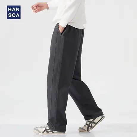 hansca350g重磅复古直筒休闲裤男秋季宽松垂感刺绣仿天丝纯棉长裤商品大图
