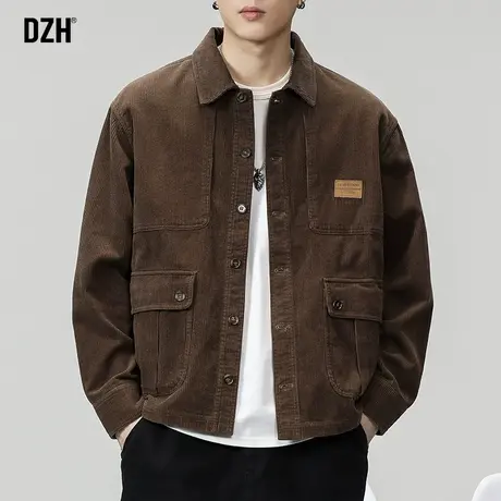 男士咖色工装夹克男秋季灯芯绒外套男款2023春秋休闲运动长袖上衣商品大图