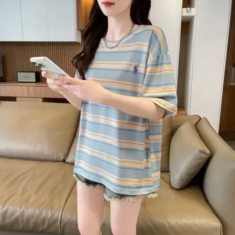 撞色条纹短袖t恤女2025新款夏季潮牌宽松设计感美式上衣商品大图