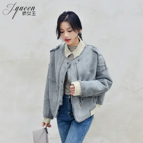 麂皮绒外套女冬韩版短款加厚加绒鹿皮短外套皮毛一体羊羔毛夹克商品大图