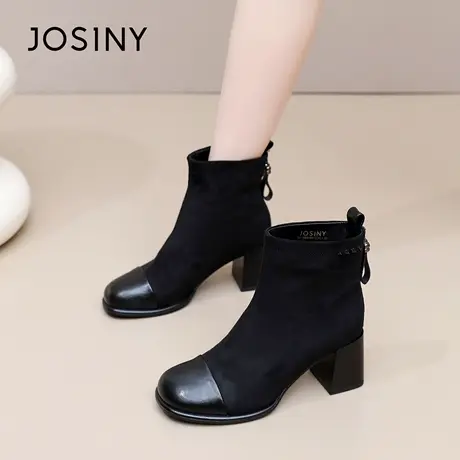卓诗尼2025秋冬新款粗跟短筒靴时尚舒适女靴潮流显瘦气质时装靴女图片