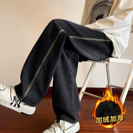 唐狮男款直筒牛仔长裤侧边拼接织带红色牛仔男生裤子美式工装TD图片