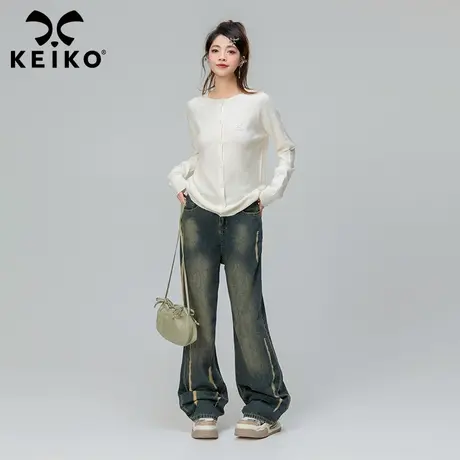 KEIKO 复古磨烂直筒牛仔裤女2023秋冬垂感高腰宽松阔腿拖地裤子商品大图