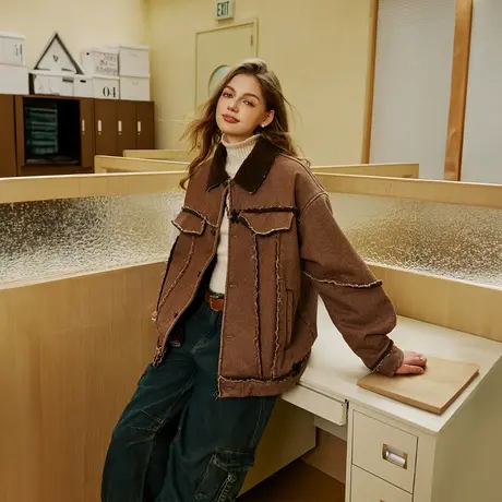 复古羊羔毛拼接棉服女冬季加厚外套2023新款潮牌设计感美拉德棉衣商品大图