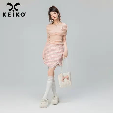 KEIKO 纯欲风一字肩针织衫2023秋冬新内搭打底衫毛衣露肩长袖上衣商品大图