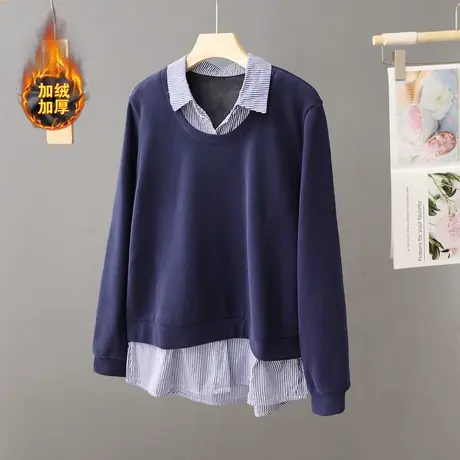 秋冬加绒加厚上衣女宽松中长款条纹衬衫假两件套2023冬季新款上衣图片