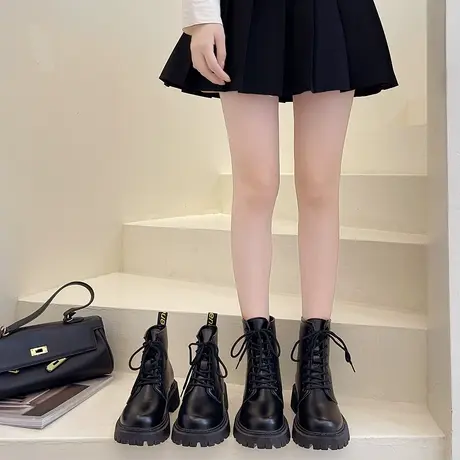 黑色马丁靴女鞋2023春秋新款厚底增高单靴炸街英伦风瘦瘦机车短靴商品大图