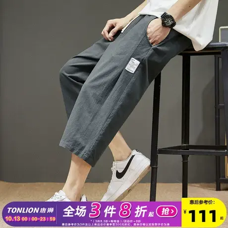 唐狮2023夏季新款休闲裤男七分裤宽松薄款裤子男韩版潮流短裤男黑商品大图