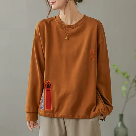 dza 复古纯棉圆领套头贴布短卫衣外套女秋冬内搭打底宽松长袖上衣商品大图