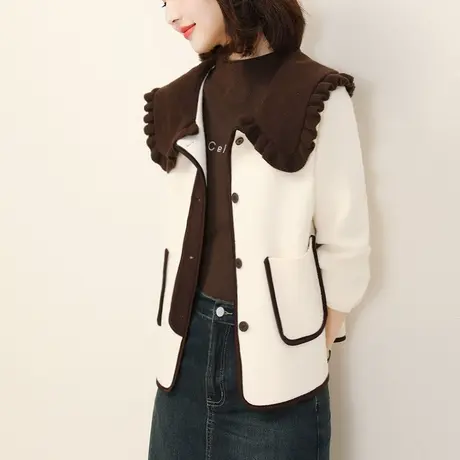 新品8.5折】小香风撞色海军领加厚双面呢外套女百搭上衣商品大图