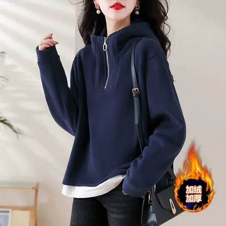 连帽卫衣女秋冬宽松加大码女装中年妈妈加绒加厚减龄显瘦上衣外套图片