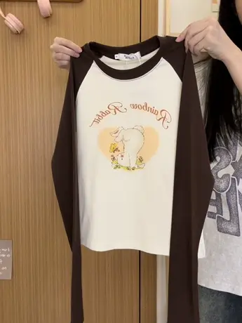 红续卡通爱心兔子插肩长袖T恤女复古学院风收腰内搭上衣秋冬新款图片