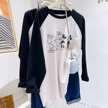 韩国东大门上衣双面德绒拼色长袖T恤加厚秋冬打底衫遮臀大码胖MM商品大图