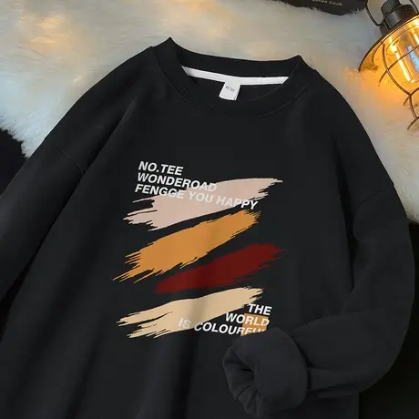 450g重磅摇粒绒黑色卫衣男保暖圆领无帽上衣美式复古潮流长袖t恤商品大图