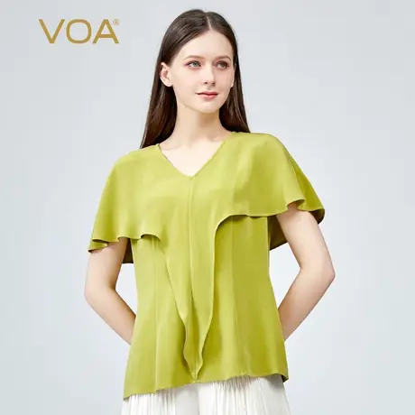 VOA真丝30姆米重磅橄榄绿V领荷叶边简约纯色百搭淑女桑蚕丝T恤图片