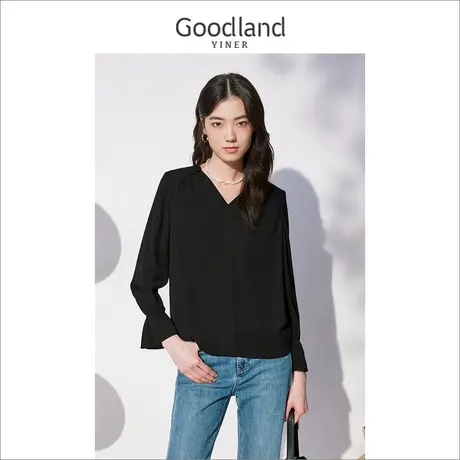 *Goodland美地女装秋季设计感v领上衣喇叭袖衬衫商品大图