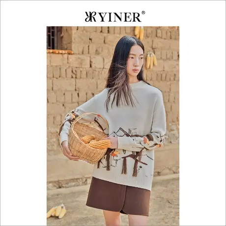 YINER音儿女装冬季圆领印花绵羊毛针织衫套头上衣商品大图