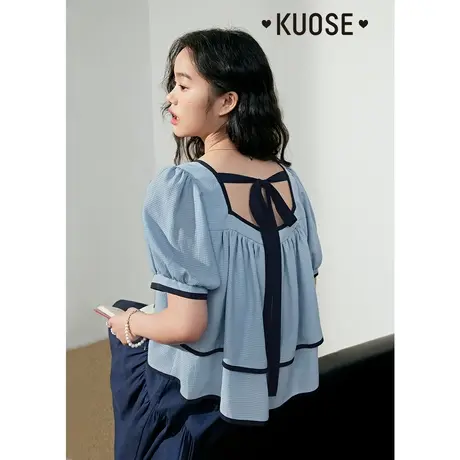 阔色蓝色方领娃娃衫女夏季短款泡泡袖衬衫雪纺小衫荷叶边上衣图片