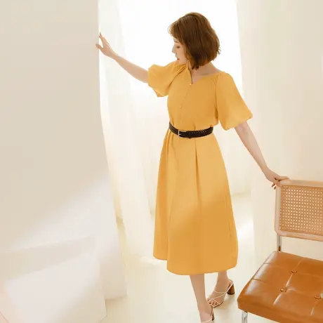 桔熊夏季法式桔梗风长裙纯色泡泡袖绑带收腰连衣裙子女大码DA9356图片