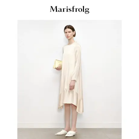 【商场同款】玛丝菲尔2023年秋季新款米黄色不规则斜裁拼接连衣裙图片