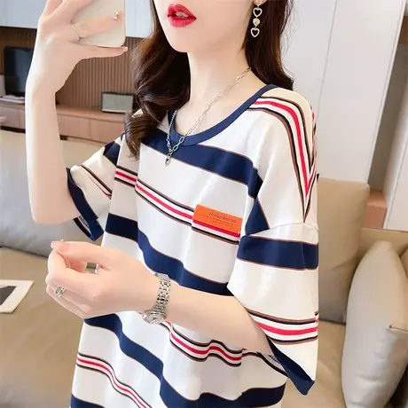 纯棉短袖t恤女夏季韩版宽松大码女装中长款小个子条纹半袖上衣服商品大图