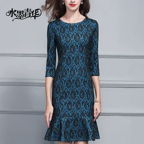 【1件7.9折】冬新品气质优雅修身荷叶边七分袖复合蕾丝连衣裙图片