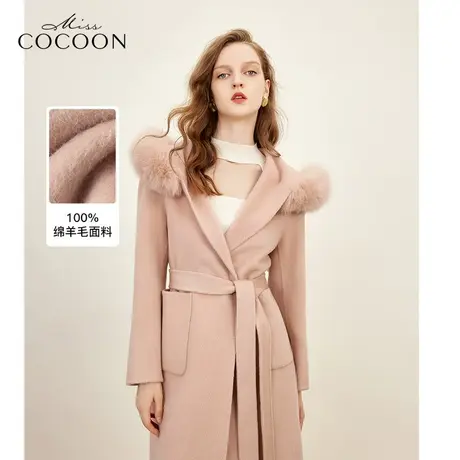 MISSCOCOON静奢风狐狸毛连帽双面羊毛大衣女2023秋冬新款毛呢外套商品大图