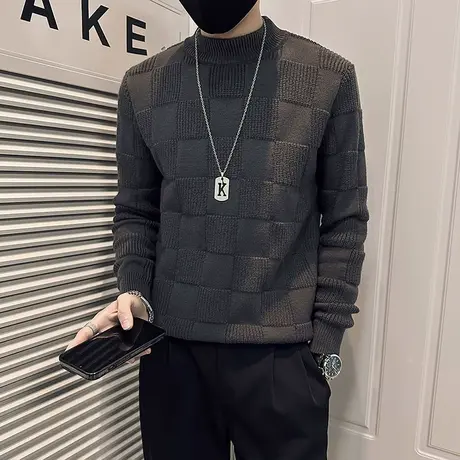 毛衣男秋冬纯色简约拼接格子小众轻熟内搭套头潮牌毛线针织衫体恤商品大图
