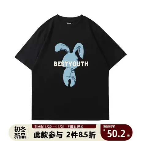 潮牌短袖T恤男2023夏季新款情侣潮流兔子印花男装宽松休闲风上衣商品大图