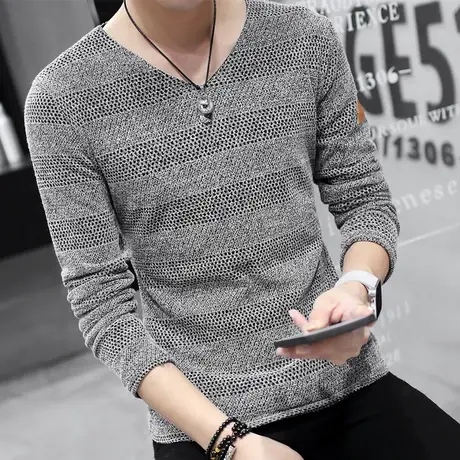 长袖t恤男V领修身潮流男装上衣学生秋季针织衫男士体恤秋冬打底衫商品大图