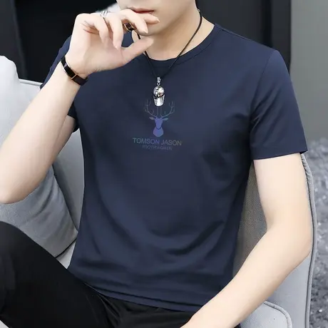 莫代尔短袖t恤男夏季薄款潮流印花冰丝冰感上衣服圆领半袖打底衫商品大图