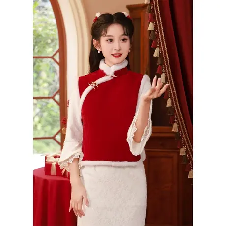 红色旗袍马甲套装2023新款过年拜年服秋冬季改良订婚敬酒服连衣裙图片