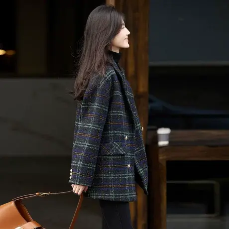 时尚气质加棉呢大衣2023年冬季新款女翻领韩版复古百搭格子呢外套商品大图