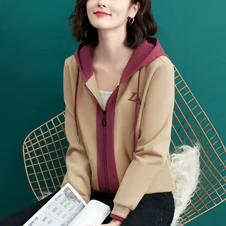 休闲连帽外套女春秋2024年新款时尚拉链卫衣开衫早秋卡其色外衣服图片