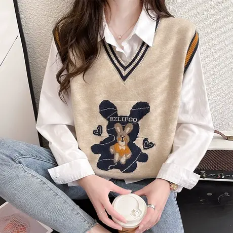 减龄叠穿提花兔V领针织马甲背心女外搭春秋2023新款毛衣坎肩上衣商品大图