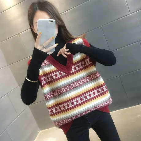 马甲背心外套秋冬女士外搭无袖毛衣v领提花针织马夹式韩版外穿图片