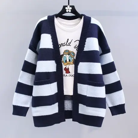 慵懒风撞色条纹毛衣外套女秋冬2023新款宽松休闲中长款针织开衫商品大图