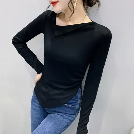 不规则开叉长袖T恤女装设计感欧货洋气打底衫内搭春季修身上衣潮图片